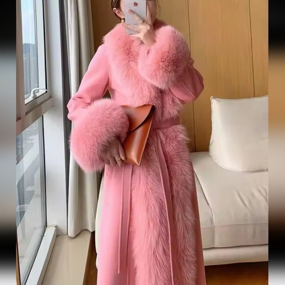 Winter New Women Elegant Solid Faux Fur Collar Woolen Coats Lady Thick Warm Pink - Picture 6 of 6